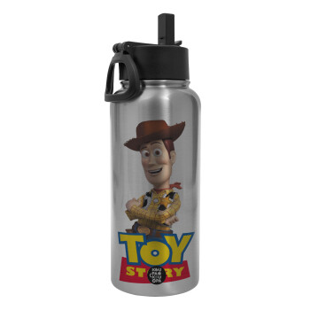 Woody cowboy, Metal mug thermo Silver with Straw and Spout Lid (Stainless steel), double wall, 950ml