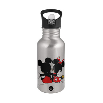 mickey and minnie hags, Water bottle Silver with straw, stainless steel 500ml
