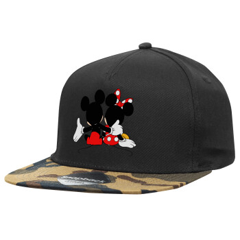 mickey and minnie hags, Adult Flat Snapback Hat Black/Camouflage, (100% COTTON TWILL, ADULT, UNISEX, ONE SIZE)