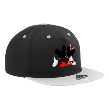 mickey and minnie hags, Adult Flat Snapback Hat Black/Grey, (100% COTTON TWILL, ADULT, UNISEX, ONE SIZE)