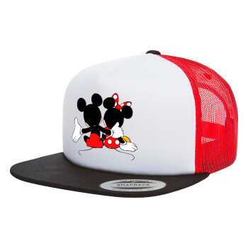 mickey and minnie hags, Adult Foam Flat Snapback with Mesh Black-White-Red (POLYESTER, ADULT, UNISEX, ONE SIZE)