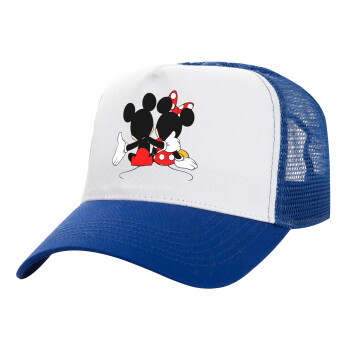 mickey and minnie hags, Adult Structured Trucker Hat, with Mesh, WHITE/BLUE (100% COTTON, ADULT, UNISEX, ONE SIZE)