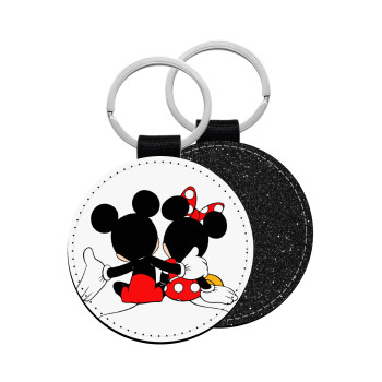 mickey and minnie hags, Μπρελόκ Δερματίνη, στρογγυλό ΜΑΥΡΟ (5cm)