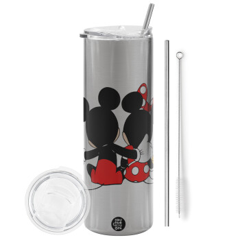 mickey and minnie hags, Eco friendly ποτήρι θερμό Ασημένιο (tumbler) από ανοξείδωτο ατσάλι 600ml, με μεταλλικό καλαμάκι & βούρτσα καθαρισμού