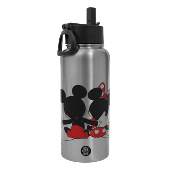 mickey and minnie hags, Metal mug thermo Silver with Straw and Spout Lid (Stainless steel), double wall, 950ml