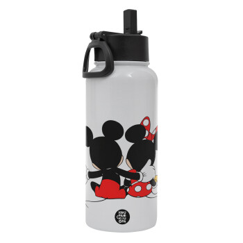 mickey and minnie hags, Μεταλλικό παγούρι θερμός Λευκό με καλαμάκι και χερούλι (Stainless steel), διπλού τοιχώματος, 950ml