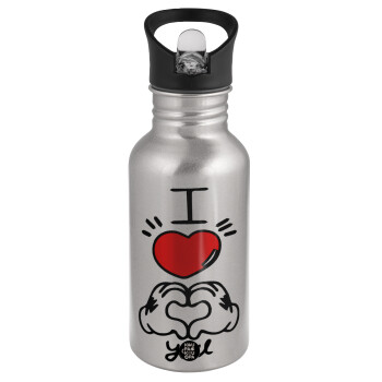 comics hands love, Water bottle Silver with straw, stainless steel 500ml