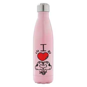 comics hands love, Metal mug thermos Pink Iridiscent (Stainless steel), double wall, 500ml