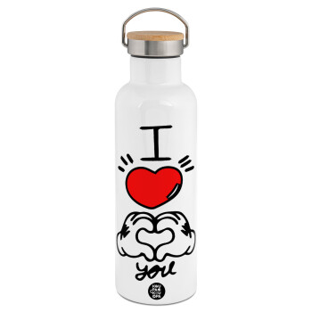 comics hands love, Stainless steel White with wooden lid (bamboo), double wall, 750ml
