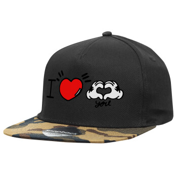 comics hands love, Adult Flat Snapback Hat Black/Camouflage, (100% COTTON TWILL, ADULT, UNISEX, ONE SIZE)