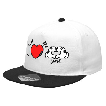 comics hands love, Καπέλο Ενηλίκων Flat Snapback Λευκό/Μαύρο, (100% ΒΑΜΒΑΚΕΡΟ Twill, ΕΝΗΛΙΚΩΝ, UNISEX, ONE SIZE)