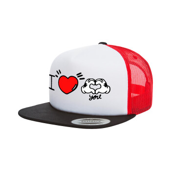 comics hands love, Adult Foam Flat Snapback with Mesh Black-White-Red (POLYESTER, ADULT, UNISEX, ONE SIZE)