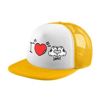 comics hands love, Καπέλο Ενηλίκων Soft Trucker με Δίχτυ Κίτρινο/White (POLYESTER, ΕΝΗΛΙΚΩΝ, UNISEX, ONE SIZE)