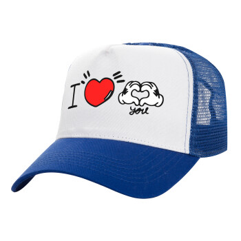 comics hands love, Adult Structured Trucker Hat, with Mesh, WHITE/BLUE (100% COTTON, ADULT, UNISEX, ONE SIZE)