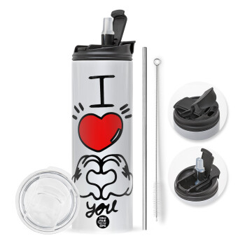 comics hands love, Travel Tumbler θερμό με διπλό καπάκι, μεταλλικό καλαμάκι και βούρτσα καθαρισμού (Ανωξείδωτο 304 Food grade, BPA free, 600ml)