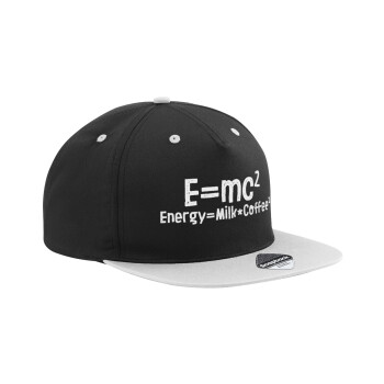 E=mc2 Energy = Milk*Coffe, Καπέλο Ενηλίκων Flat Snapback Μαύρο/Γκρι, (100% ΒΑΜΒΑΚΕΡΟ TWILL, ΕΝΗΛΙΚΩΝ, UNISEX, ONE SIZE)