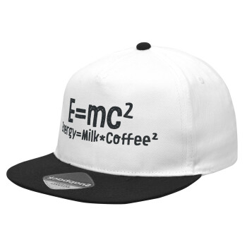 E=mc2 Energy = Milk*Coffe, Καπέλο Ενηλίκων Flat Snapback Λευκό/Μαύρο, (100% ΒΑΜΒΑΚΕΡΟ Twill, ΕΝΗΛΙΚΩΝ, UNISEX, ONE SIZE)