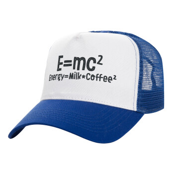 E=mc2 Energy = Milk*Coffe, Adult Structured Trucker Hat, with Mesh, WHITE/BLUE (100% COTTON, ADULT, UNISEX, ONE SIZE)