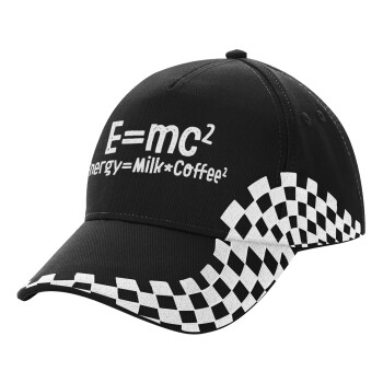 E=mc2 Energy = Milk*Coffe, Adult Ultimate BLACK RACING Cap, (100% COTTON DRILL, ADULT, UNISEX, ONE SIZE)