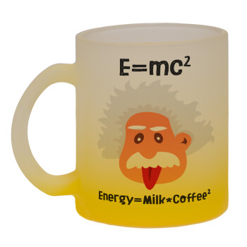 E=mc2 Energy = Milk*Coffe, Κούπα γυάλινη δίχρωμη με βάση το κίτρινο ματ, 330ml