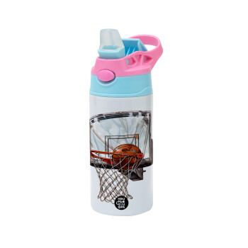 Basketball, Children's hot water bottle, stainless steel, with safety straw, Pink/BlueCiel (360ml) BPA FREE