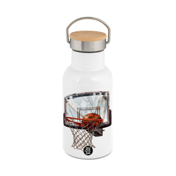 Basketball, Metallic thermos (Stainless steel) White with wooden lid (bamboo), double-walled, 350ml