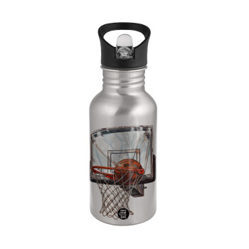 Basketball, Water bottle Silver with straw, stainless steel 500ml