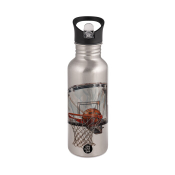 Basketball, Water bottle Silver with straw, stainless steel 600ml