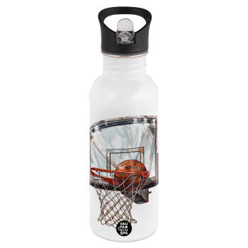 Basketball, White water bottle with straw, stainless steel 600ml