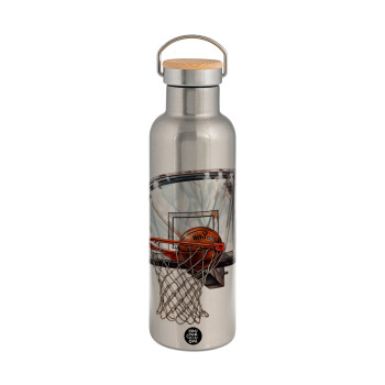 Basketball, Stainless steel Silver with wooden lid (bamboo), double wall, 750ml