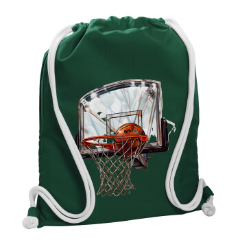 Basketball, Backpack pouch GYMBAG BOTTLE GREEN, with pocket (40x48cm) & thick white cords