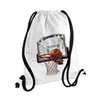 Basketball, Τσάντα πλάτης πουγκί GYMBAG λευκή, με τσέπη (40x48cm) & χονδρά κορδόνια