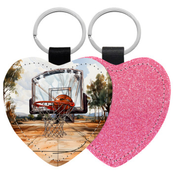 Basketball, Μπρελόκ PU δερμάτινο glitter καρδιά ΡΟΖ