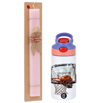 Basketball, Πασχαλινό Σετ, Παιδικό παγούρι θερμό, ανοξείδωτο, με καλαμάκι ασφαλείας, ροζ/μωβ (350ml) & πασχαλινή λαμπάδα αρωματική πλακέ (30cm) (ΡΟΖ)