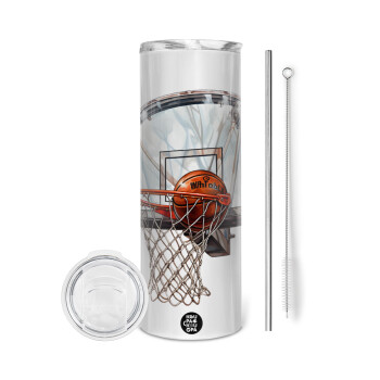 Basketball, Eco friendly ποτήρι θερμό (tumbler) από ανοξείδωτο ατσάλι 600ml, με μεταλλικό καλαμάκι & βούρτσα καθαρισμού