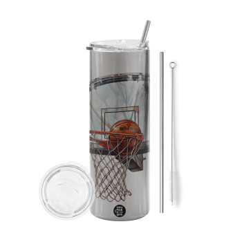 Basketball, Eco friendly stainless steel Silver tumbler 600ml, with metal straw & cleaning brush