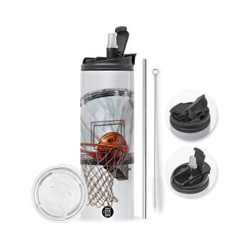 Basketball, Travel Tumbler θερμό με διπλό καπάκι, μεταλλικό καλαμάκι και βούρτσα καθαρισμού (Ανωξείδωτο 304 Food grade, BPA free, 600ml)