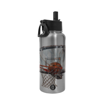 Basketball, Metal mug thermo Silver with Straw and Spout Lid (Stainless steel), double wall, 950ml