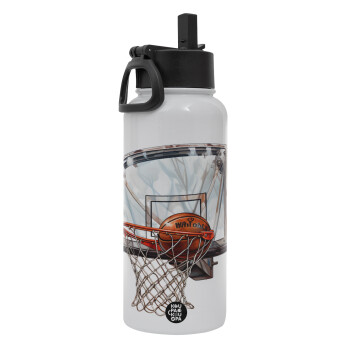 Basketball, Metal mug thermo White with Straw and Spout Lid (Stainless steel), double wall, 950ml