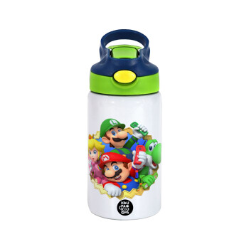 Super mario and Friends, Children's hot water bottle, stainless steel, with safety straw, green, blue (350ml)