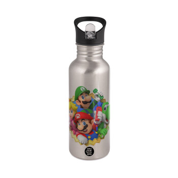 Super mario and Friends, Water bottle Silver with straw, stainless steel 600ml