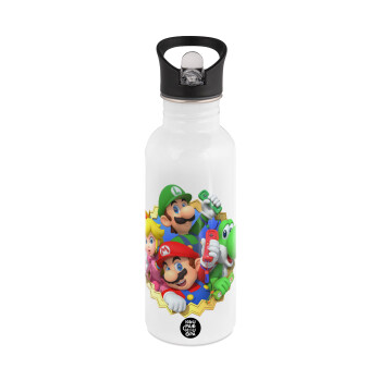 Super mario and Friends, White water bottle with straw, stainless steel 600ml