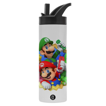 Super mario and Friends, Metallic thermos bottle with straw & handle, stainless steel (Stainless steel 304), double-walled, 600ml.