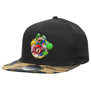 Super mario and Friends, Καπέλο Ενηλίκων Flat Snapback Μαύρο/Παραλλαγή, (100% ΒΑΜΒΑΚΕΡΟ TWILL, ΕΝΗΛΙΚΩΝ, UNISEX, ONE SIZE)