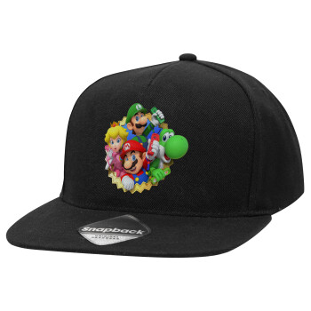 Super mario and Friends, Adult Flat Snapback Hat Black, (100% COTTON TWILL, ADULT, UNISEX, ONE SIZE)