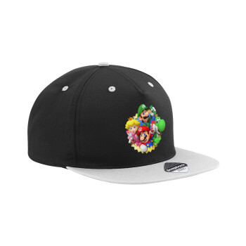 Super mario and Friends, Adult Flat Snapback Hat Black/Grey, (100% COTTON TWILL, ADULT, UNISEX, ONE SIZE)