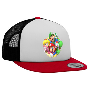 Super mario and Friends, Καπέλο Ενηλίκων Foam Flat Snapback με Δίχτυ Κόκκινο-Λευκό-Μαύρο (POLYESTER, ΕΝΗΛΙΚΩΝ, UNISEX, ONE SIZE)