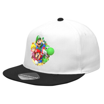 Super mario and Friends, Καπέλο Ενηλίκων Flat Snapback Λευκό/Μαύρο, (100% ΒΑΜΒΑΚΕΡΟ Twill, ΕΝΗΛΙΚΩΝ, UNISEX, ONE SIZE)