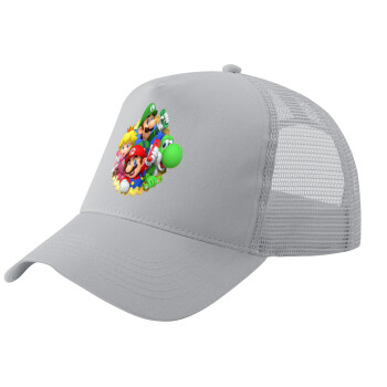 Super mario and Friends, Adult Structured Trucker Hat, with Mesh, GRAY (100% COTTON, ADULT, UNISEX, ONE SIZE)