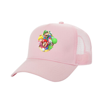 Super mario and Friends, Adult Structured Trucker Hat, with Mesh, PINK (100% COTTON, ADULT, UNISEX, ONE SIZE)